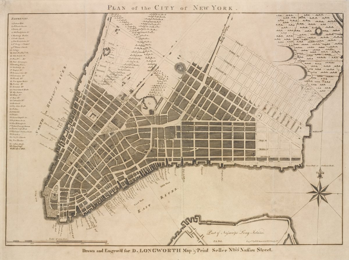 Plan of the City of New York, drawn and engraved for D. Longworth, showing the street grid and blocks of the early 1800s city